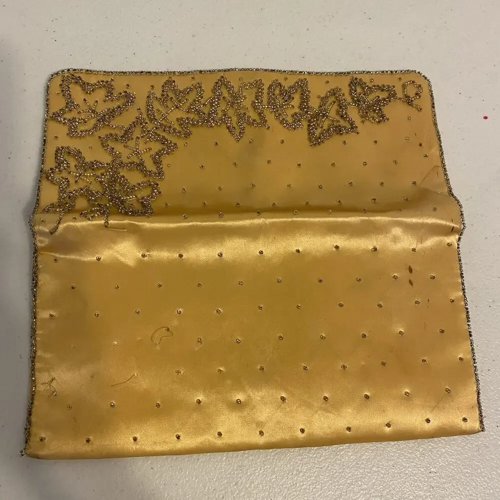 Vintage Japanese La Royal Product Long Wallet Silk Beaded Yellow Gold Asian Core